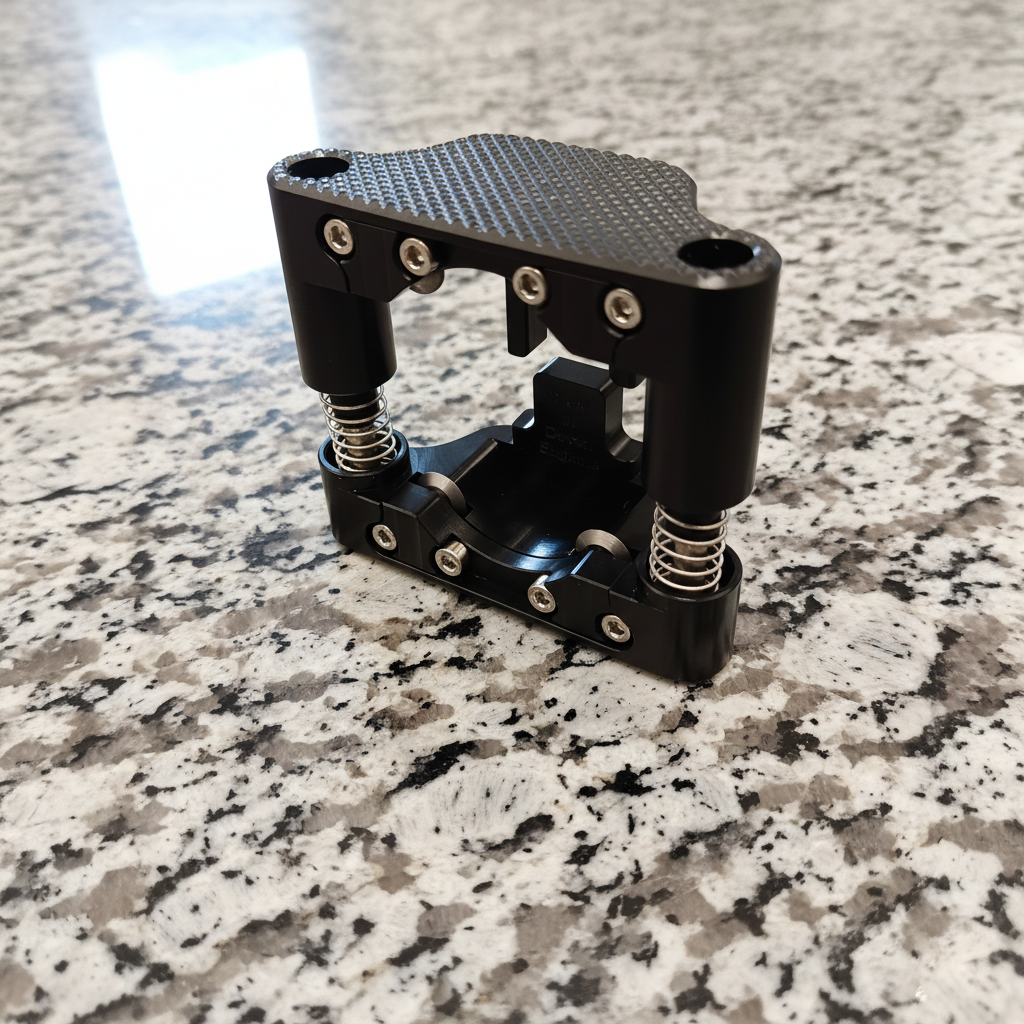 A close up photo of the Yates foil cutter standing on its end on top of a light coloured marbled granite surface. The underside of the foil cutter is facing the viewer so the the assembly screws, springs, and cutting blades are visible.