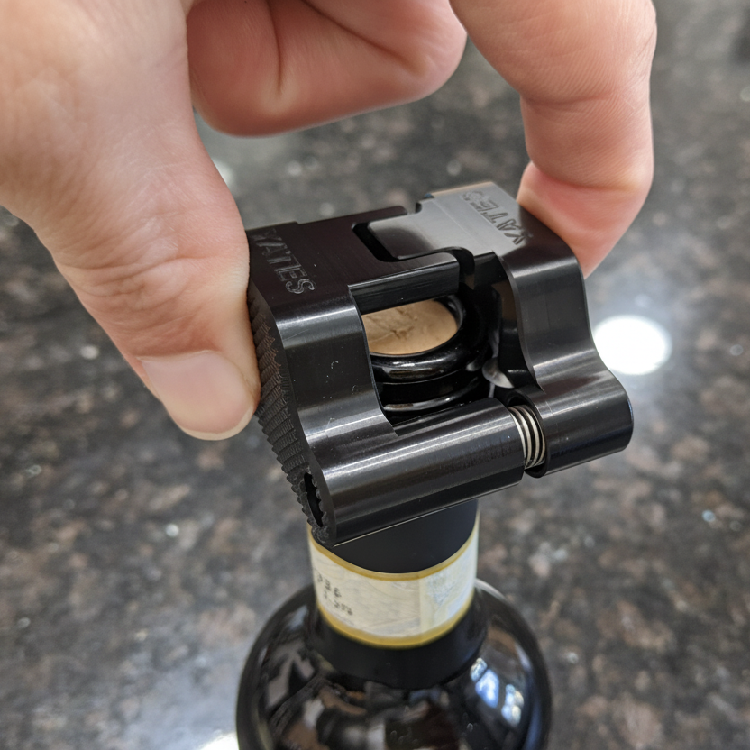 A close up of a hand holding the foil cutter using just two fingers, and using the foil cutter to cut the foil on the top of the wine bottle.
