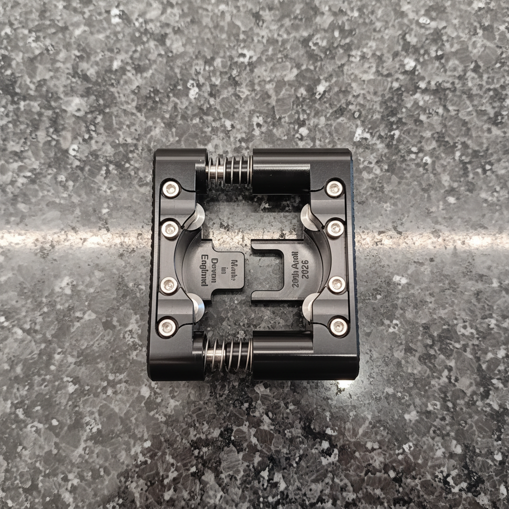 A photo of the Yates wine foil cutter sitting upside down on a dark marbled granite surface, so that the underside of the foil cutter is showing. This shows the cutting blades in more detail, as well as the screws that need to be removed in order to replace the cutting blades when they are worn. It also shows the "made in Devon" writing, and the date of manufacture which have both been engraved on the underside of the foil cutter.