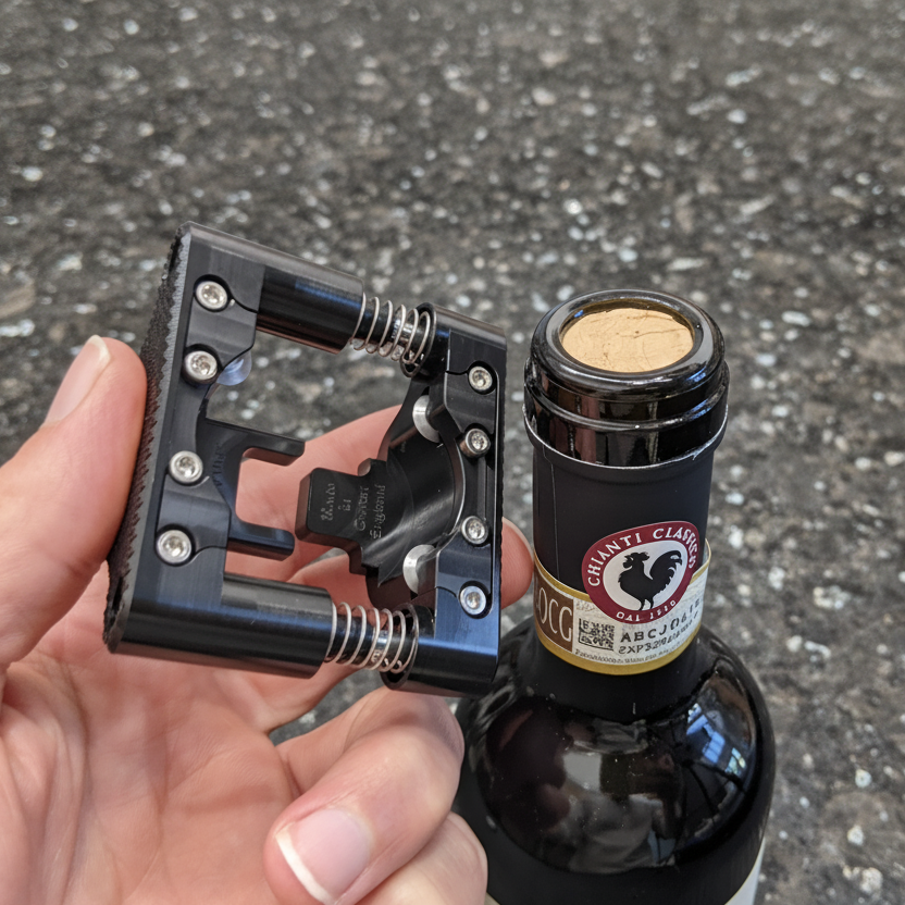 A photo showing a hand holding the Yates wine foil cutter next to the top of wine bottle, with the foil of the wine bottle already removed so that the cork is visible. 